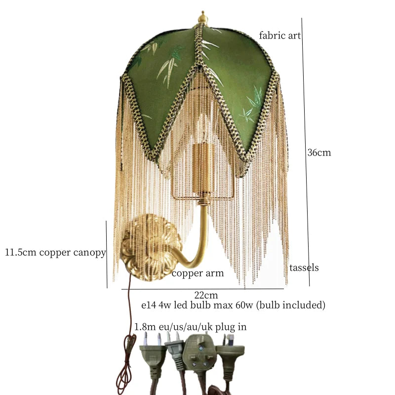 Afralia™ Fabric Tassel LED Wall Lamp Vintage Copper Arm for Bedroom Living Room