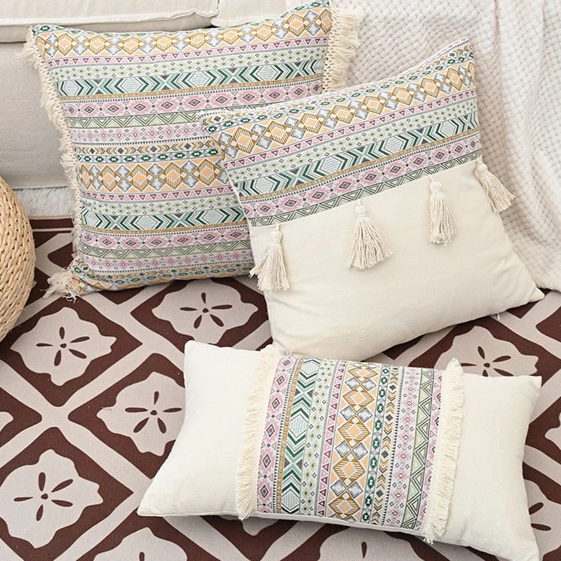 Afralia™ Handmade Tassel Cushion Cover Retro Jacquard Patchwork Fringed Pillow Cover