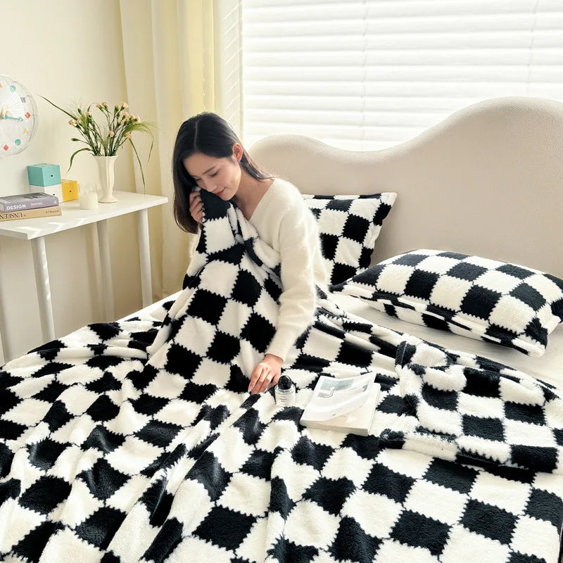 Afralia™ Plaid Coral Fleece Autumn Bed Blanket - Warm, Cozy, Skin-friendly for Winter
