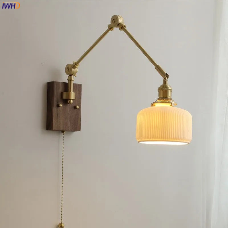 Afralia™ Copper Wall Lamp with Pull Chain Switch, Nordic Design, LED Bulb, Ceramic Lampshade