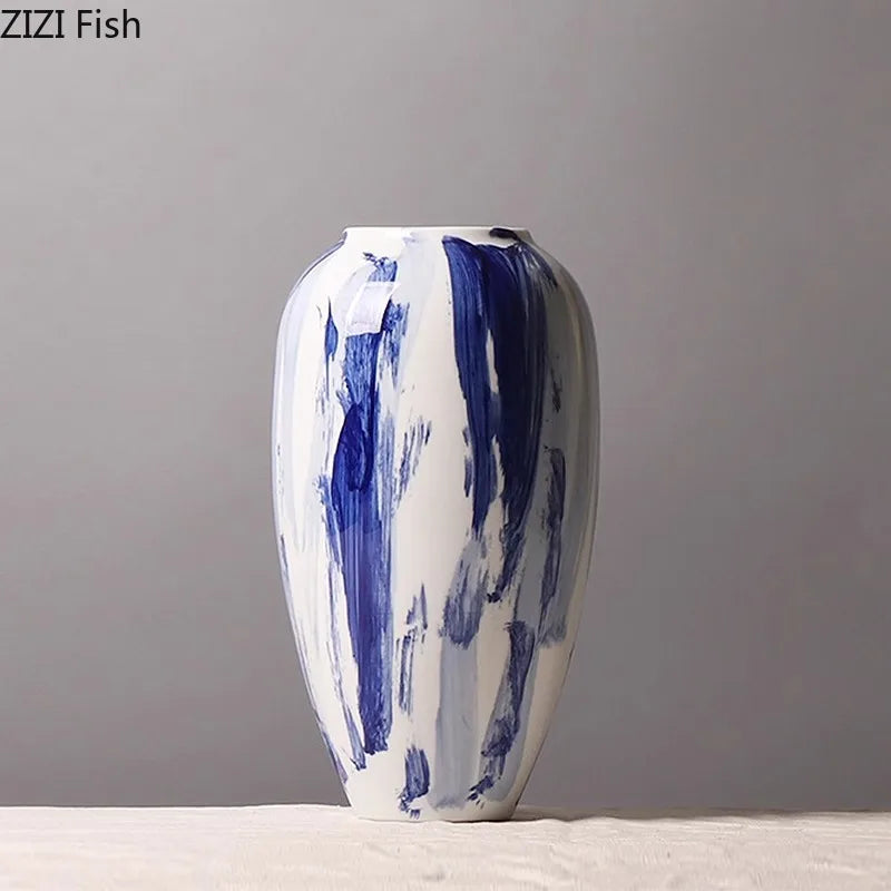 Afralia™ Blue & White Porcelain Vase: Ink Style Flowers, Aesthetic Room Decor