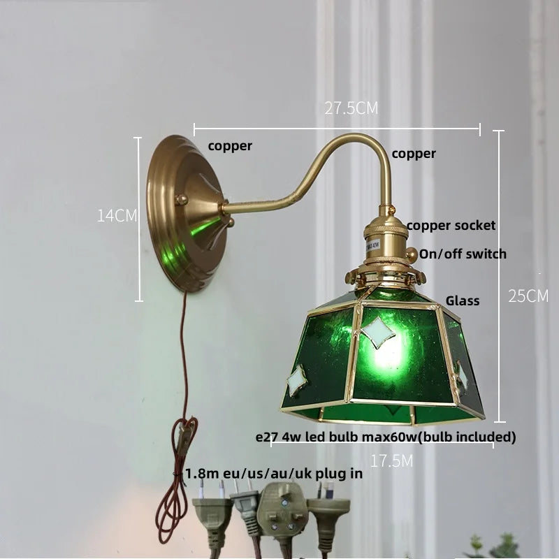 Afralia™ Green Glass LED Wall Sconce Copper Knob Switch Vintage Loft Stair Light