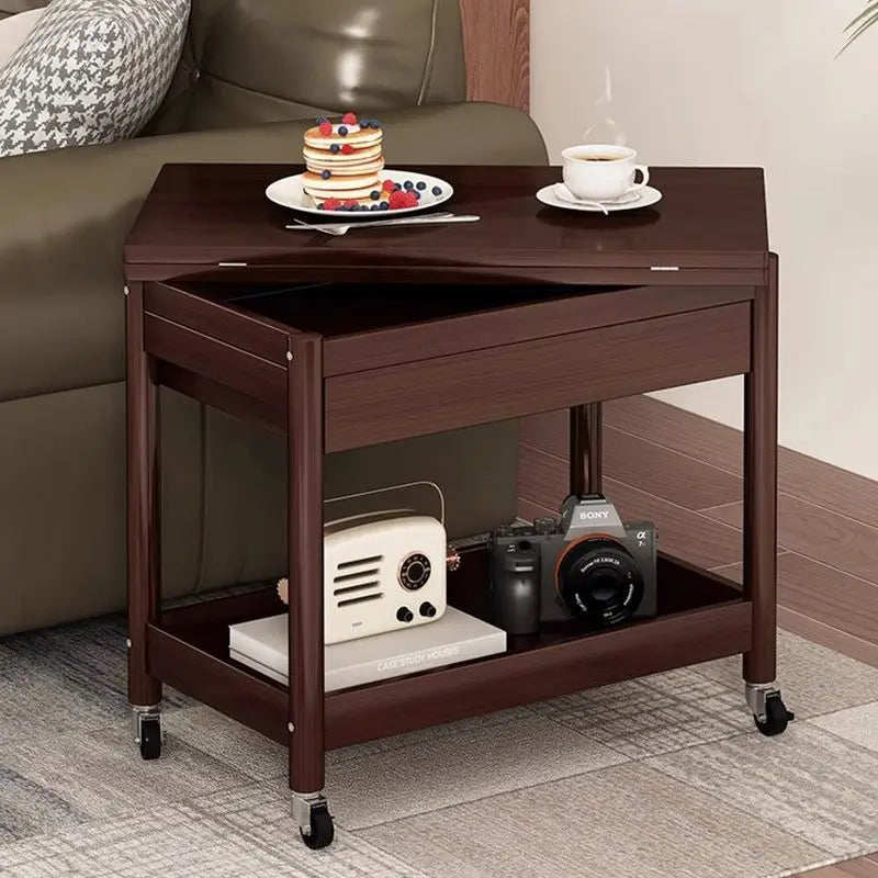 Solid Wood Cart Coffee Table with Folding Desktop and Storage by Afralia™