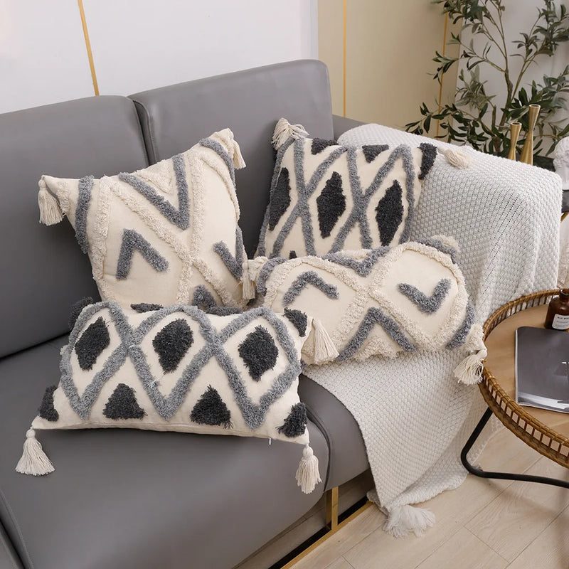 Afralia™ Grey Geometric Tufted Cushion Cover with Fringe, Home & Car Decor Pillow Cover