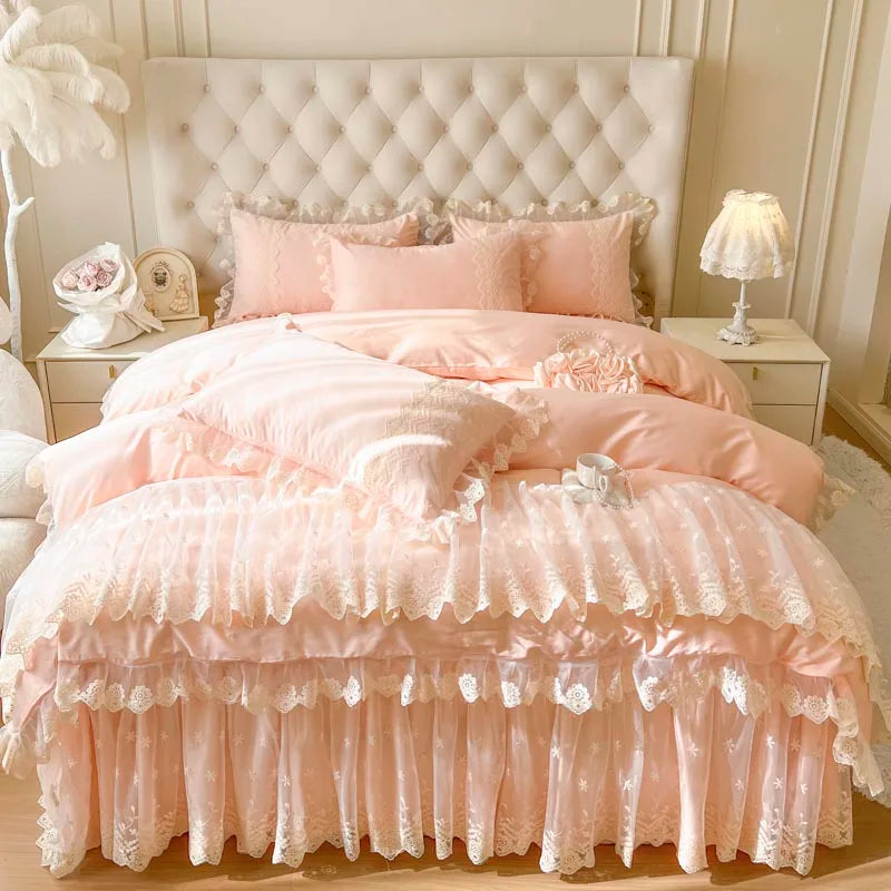 Afralia™ Pink Princess Style Bedding Set: Duvet, Bedskirt, Bedspread, Pillowcases