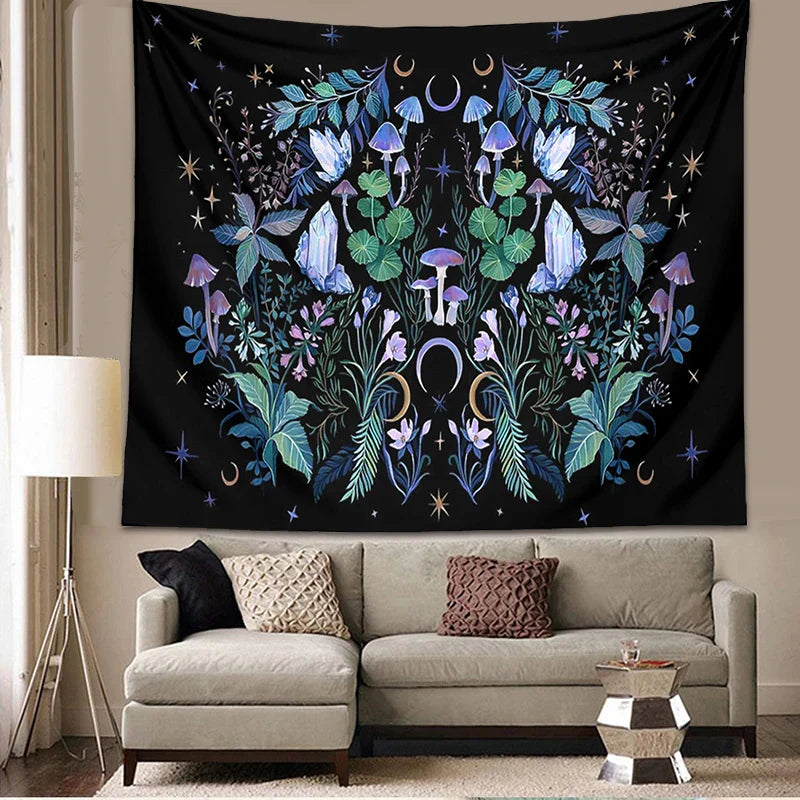 Afralia™ Moon Moth Mushroom Forest Mandala Tapestry Botanical Bedroom Decor