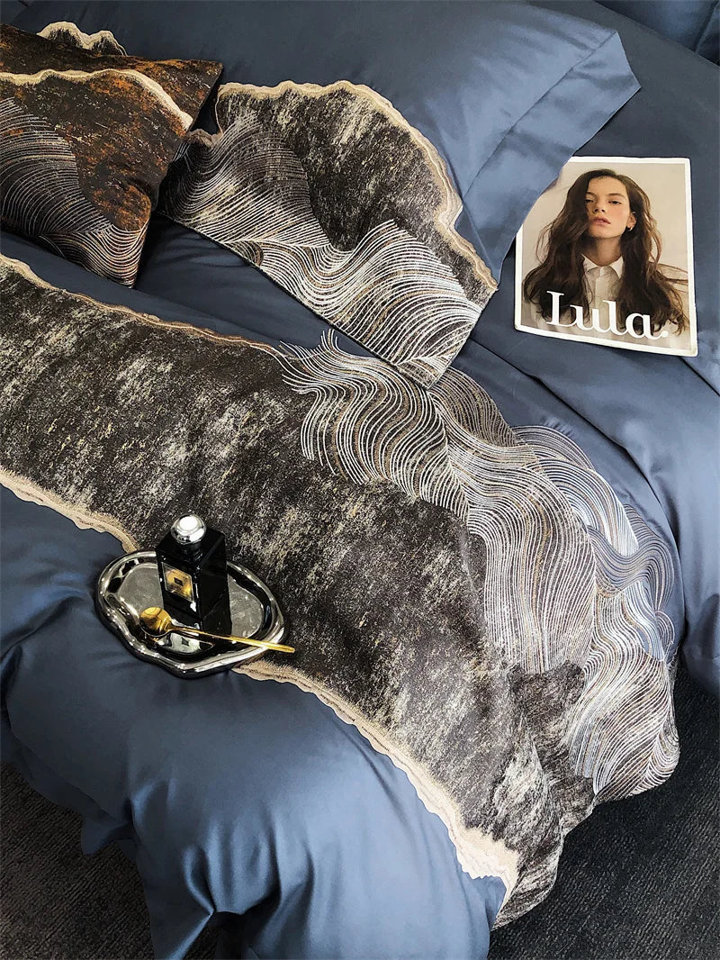 Afralia™ Luxury Egyptian Cotton Bedding Set in Blue/Grey, 1200TC, Embroidered Modern Art