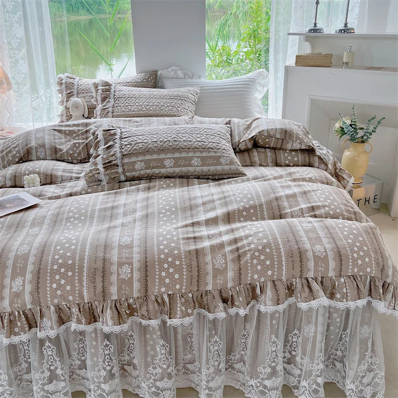 Afralia™ French Floral Print Bedding Set: Duvet Cover, Lace Ruffles, Quilted Embroidery, Pillowcases