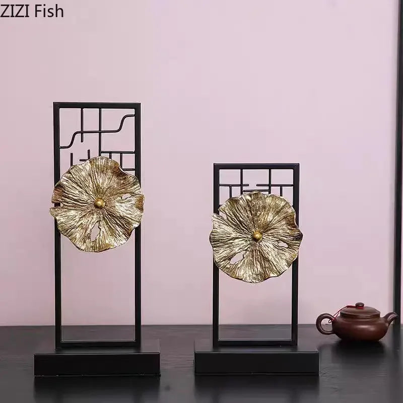 Afralia™ Golden Lotus Leaf Feng Shui Desk Ornament Alloy Sculpture