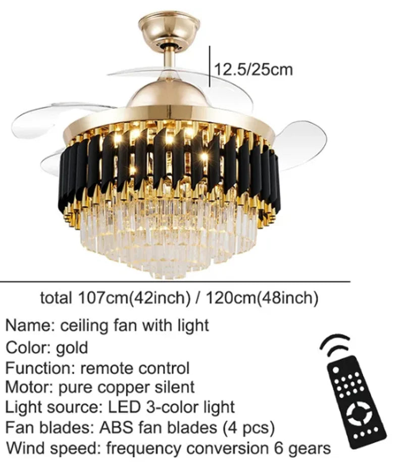 Modern Crystal Ceiling Fan with LED Chandelier & Remote Control, Retractable Blades by Afralia™
