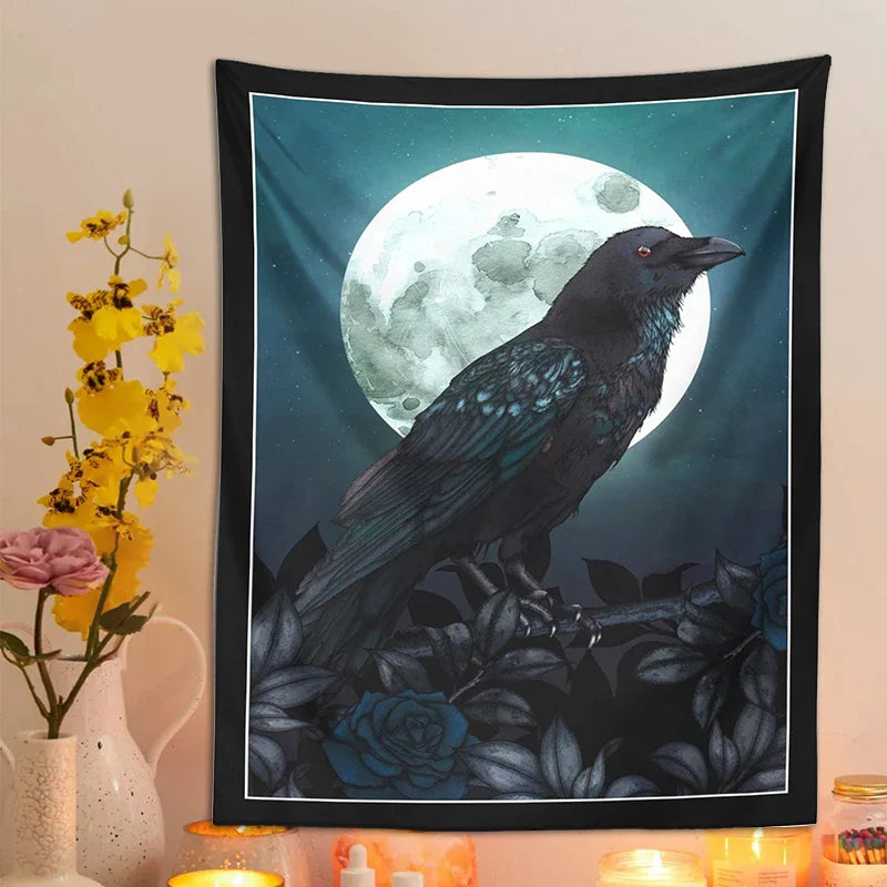 Afralia™ Raven & Moon Gothic Tapestry Wall Hanging for Dark Rose Bird Lover Room