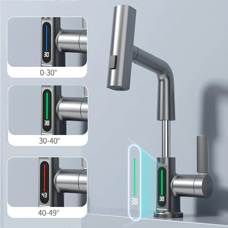 Afralia™ Digital Display Waterfall Basin Faucet with Temperature Control and Lift Sprayer