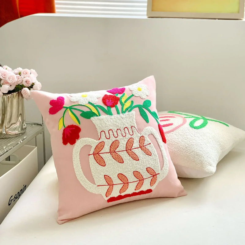 Afralia™ Pink Floral Embroidered Pillow Cases | Soft Flower Throw Cover for Living Room