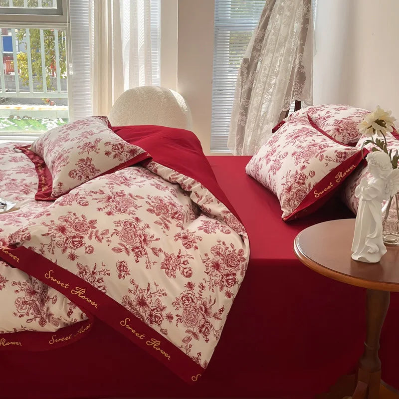 Afralia™ Cotton Wide Edge Bedding Sets with Embroidered Comforter Kit for Four Seasons