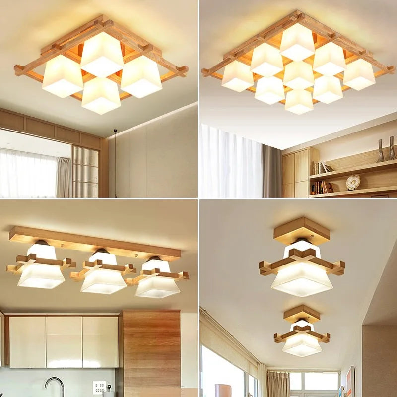 Afralia™ Wooden LED Ceiling Lamp with Glass Lampshade