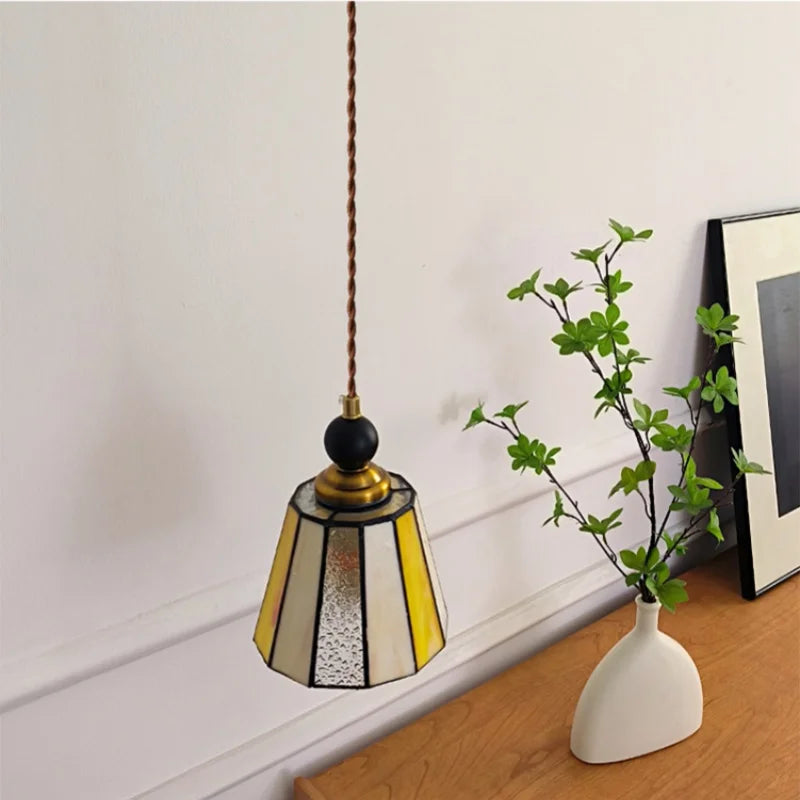 Afralia™ Tiffany Glass LED Pendant Lights: Modern Nordic Copper Wood Hanging Lamp