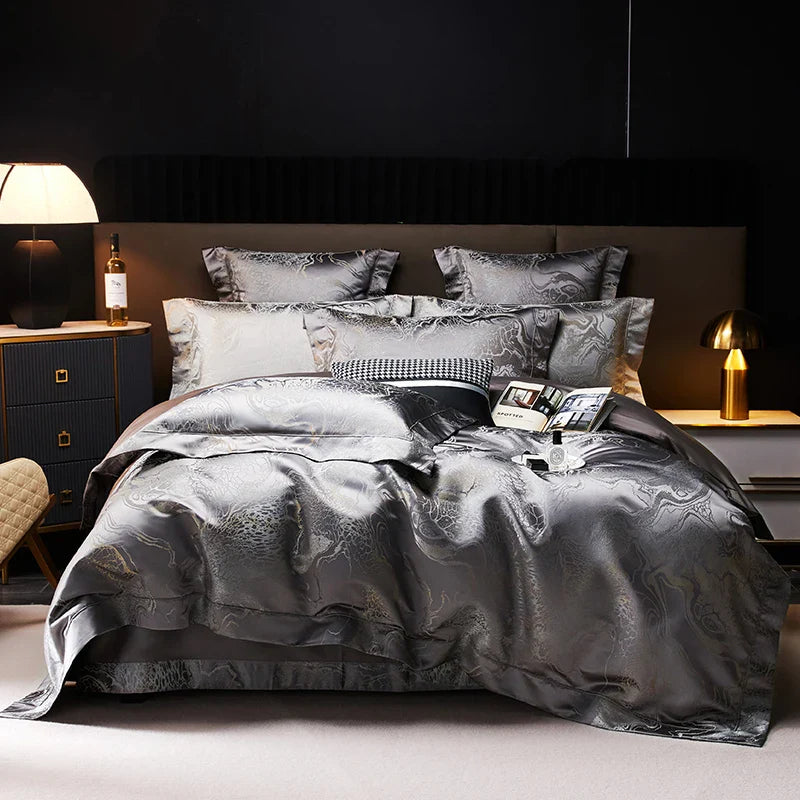 Afralia™ Satin Jacquard Bedding Set, Egyptian Cotton, Soft Silky Duvet, Sheet, Pillowcases