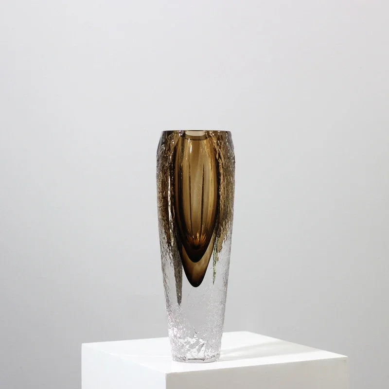 Afralia™ Brown Glazed Glass Vase Hammer Cut Decorative Handicraft Flower Arrangement Ornaments