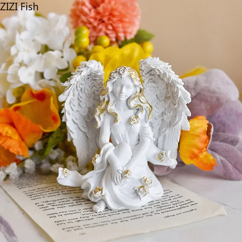Afralia™ Flower Angel Resin Sculpture Desk Decoration Artwork Ornament