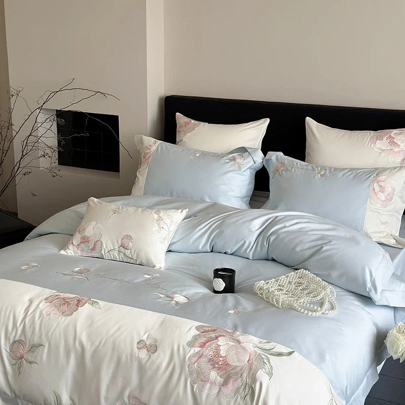 Afralia™ Pink Flowers Embroidery Luxe Bedding Set: 1000TC Egyptian Cotton Duvet Cover, Bed Sheet, Pillowcases