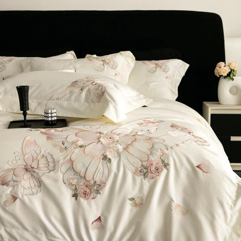 Afralia™ Luxe Butterfly Flowers Embroidery Bedding Set 800TC Egyptian Cotton Duvet Covers Sheets Pillowcases