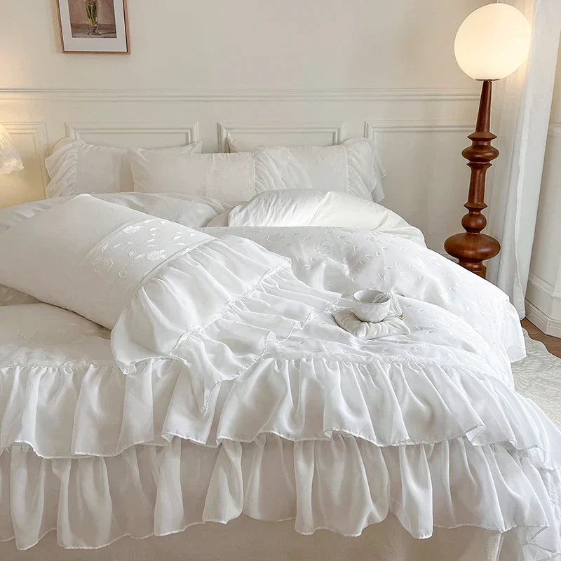 Afralia™ Floral Embroidery Ruffles Girl Bedding Set - 4 Piece Cotton Lace Patchwork