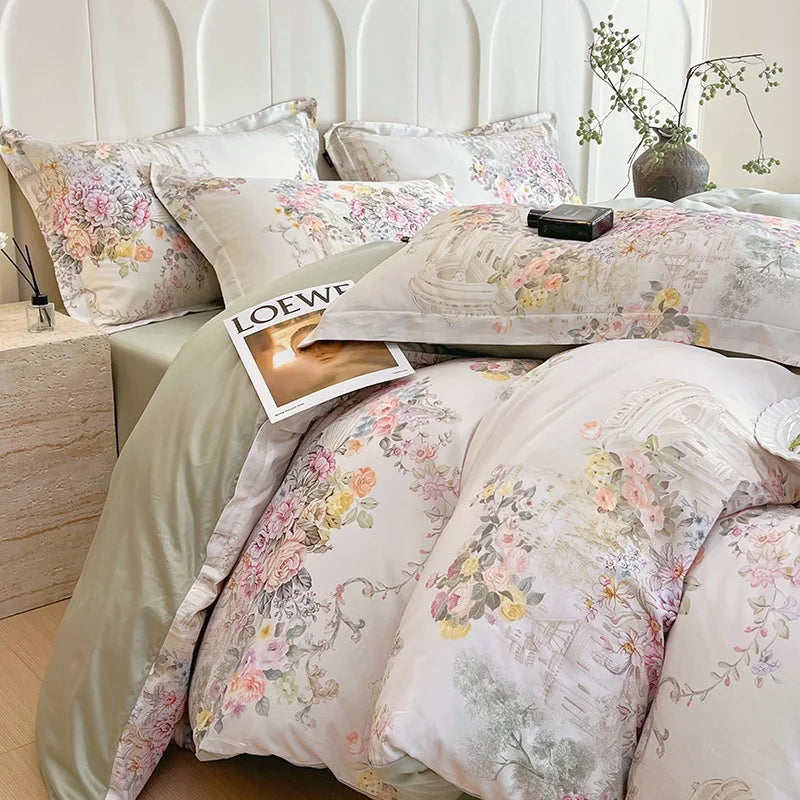 Afralia™ Satin Flower Fitted Sheet Set - Luxury 100% Cotton Print Bedding Set