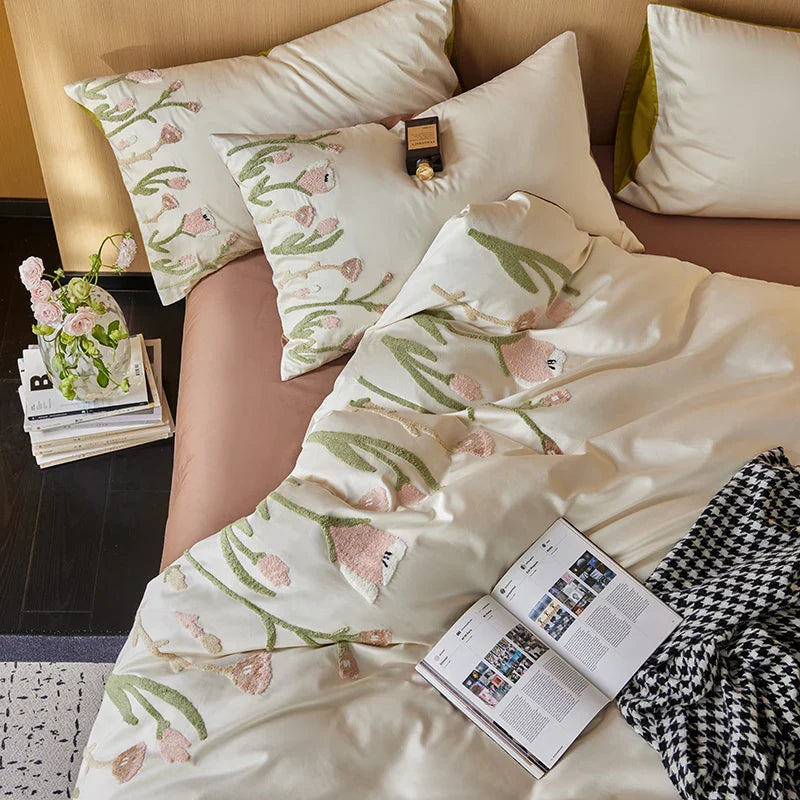 Afralia™ 4-Piece Egyptian Cotton Tulip Towel Embroidery Bedding Set