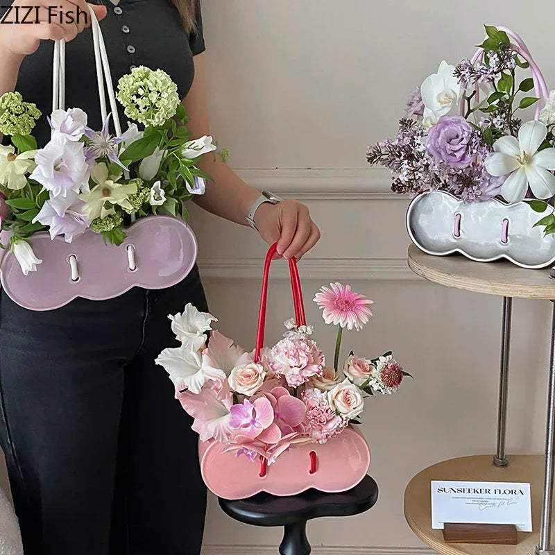 Afralia™ Handbag Shape Ceramic Vase Table Decor Flowers Arrangement Room Aesthetic