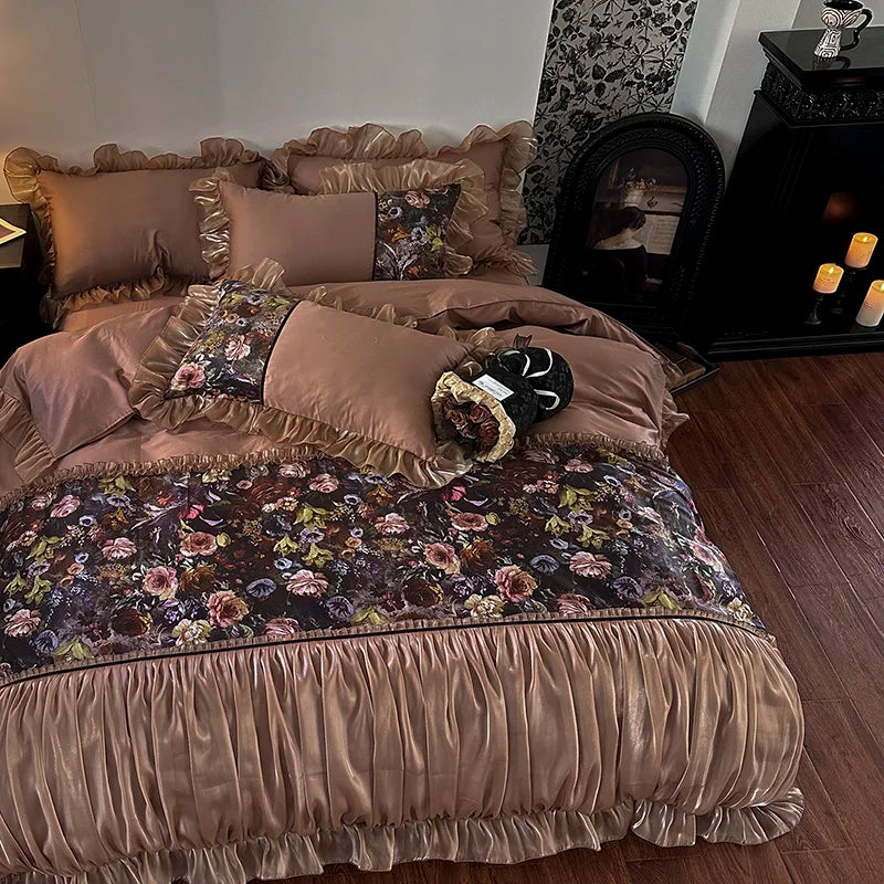Afralia™ French Organza Lace Ruffles Bedding Set, Egyptian Cotton Duvet, Sheets & Pillowcases