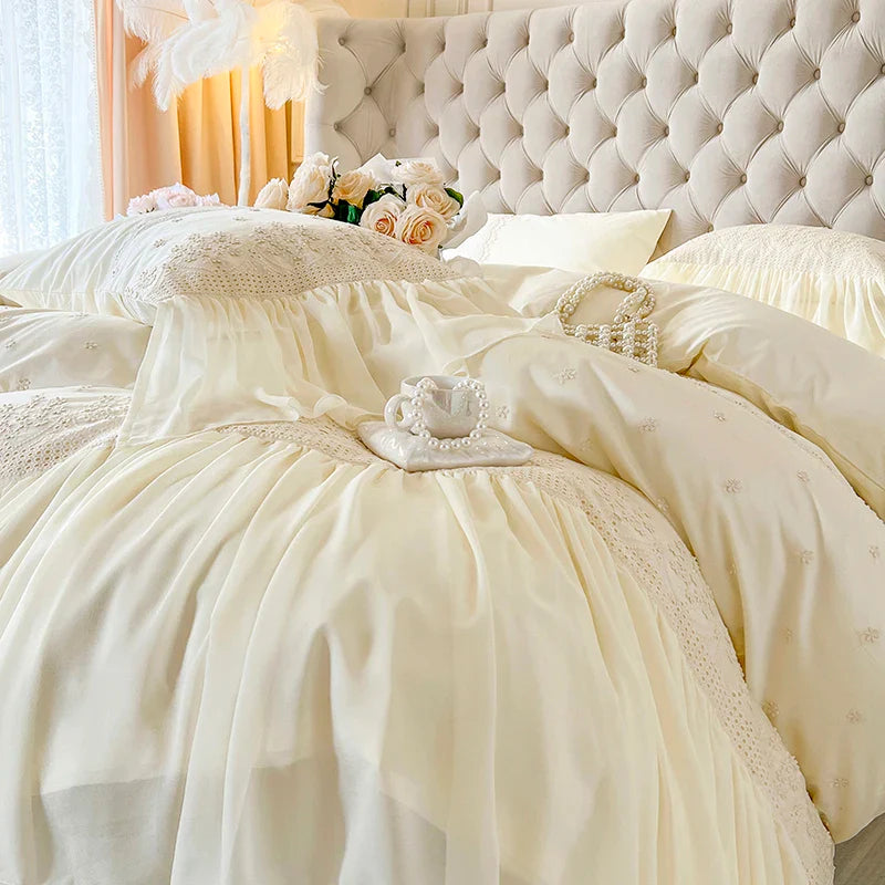 Afralia™ French Vintage Lace Ruffles Beige Cotton Princess Wedding Bedding Set