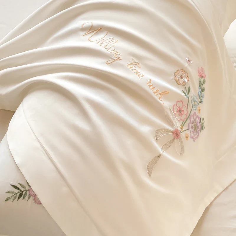 Afralia™ Chic Flowers Embroidery Bedding Set, 100% Cotton, 400TC