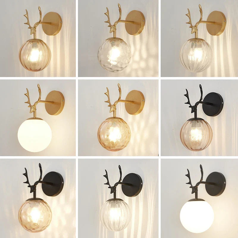 Afralia™ Retro Antlers Glass Ball Wall Lamp for Indoor LED Decor Lighting