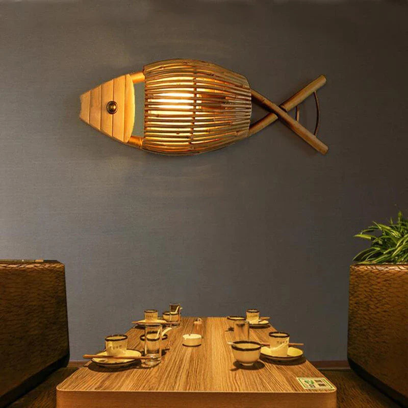 Afralia™ Bamboo Fish Wall Lamp: Retro Cafe Bar Teahouse Decor, Living Room Farm Hotel Light