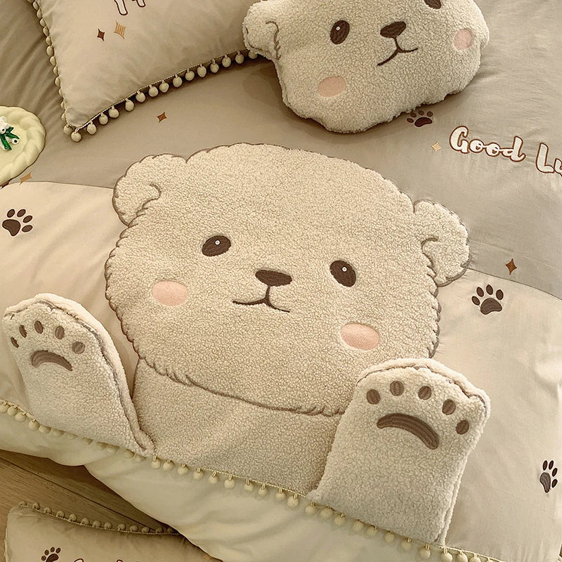 Afralia™ Cartoon Bear Applique 100% Cotton Child Bedding Set - Single Quilt Cover