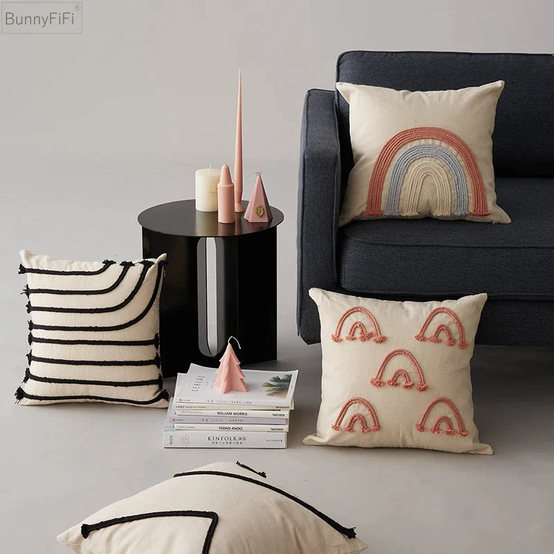 Afralia™ Rainbow Black Stripe Pillow Cover 45x45cm Embroidery Pink Living Room Bed