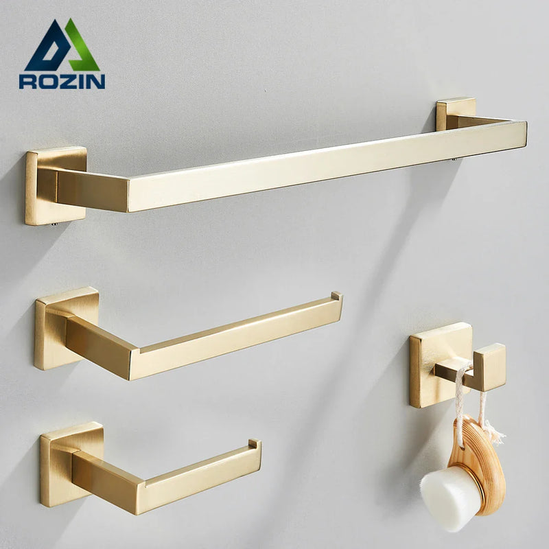 Afralia™ Brushed Gold Stainless Steel Bathroom Accessories Set: Toilet Wall Towel Bar, Paper Holder, Hook