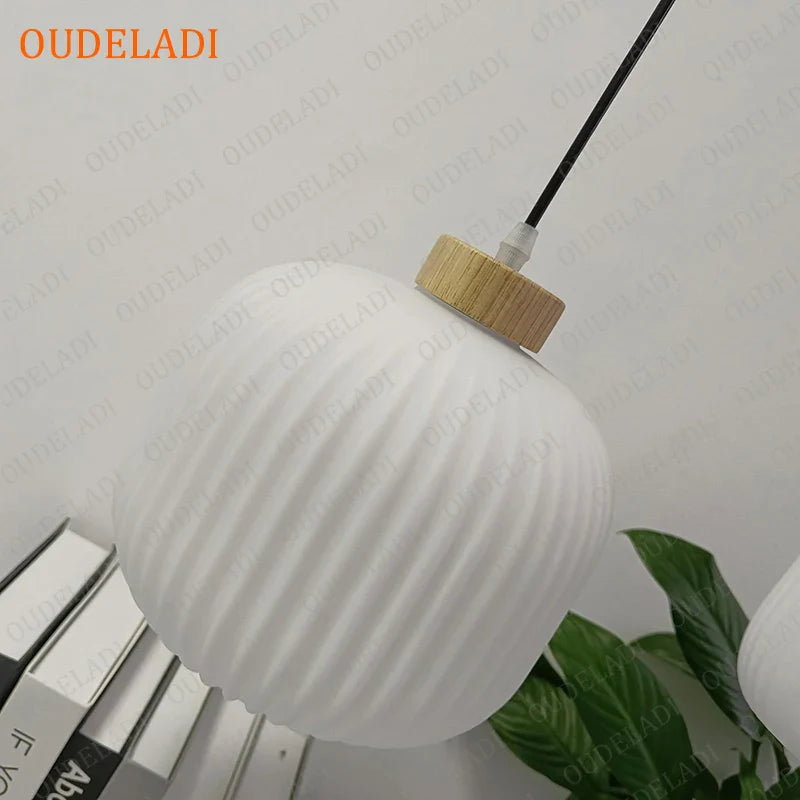 Afralia™ White Glass Pendant Lights for Kitchen Bedroom Dinning Room, Nordic Wooded Hanging Lamps
