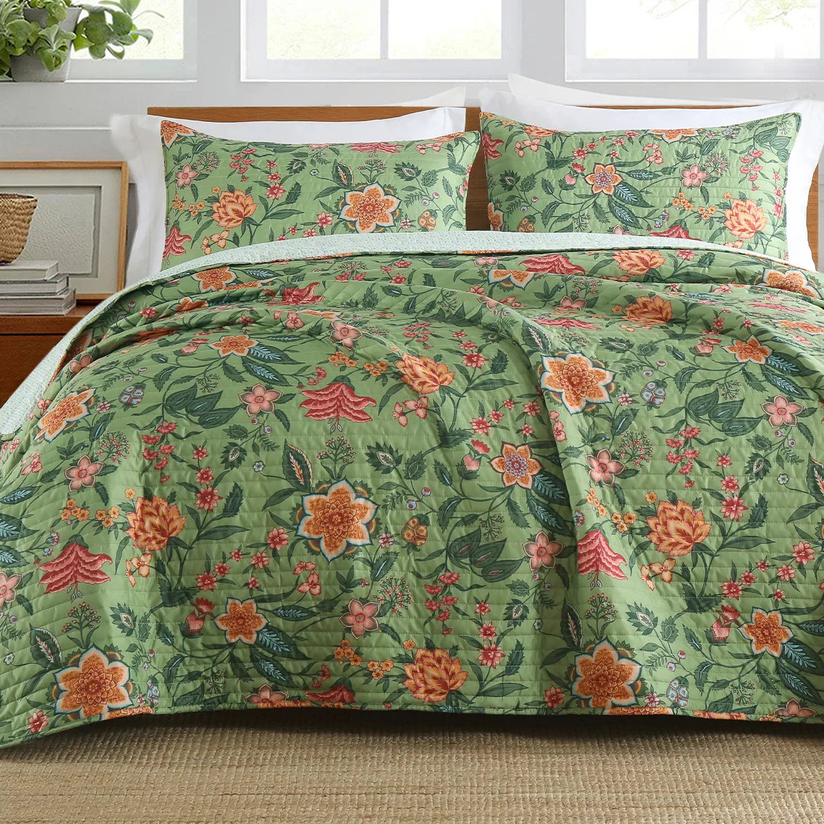 Afralia™ Green Floral Quilt Set 3-Piece Oversized Bedding with Shams