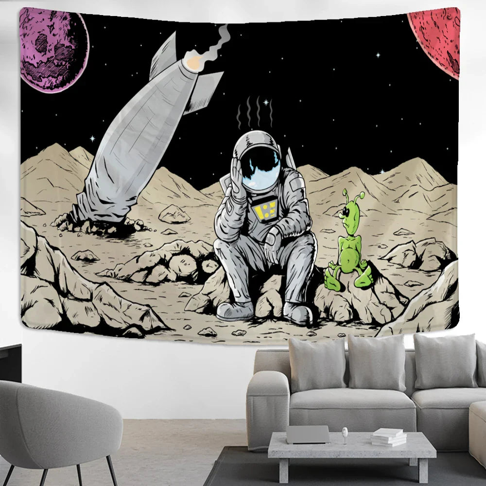 Afralia™ Astronaut Alien Tapestry Wall Hanging Kawaii Universe Mystic Home Decor