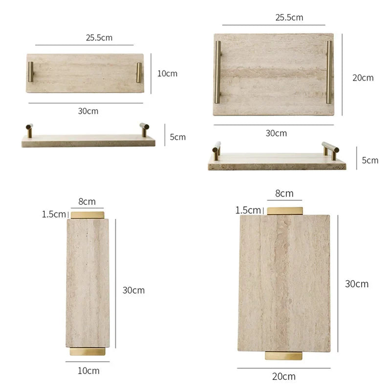 Afralia™ Beige Travertine Stone Tray with Golden Metal Handle