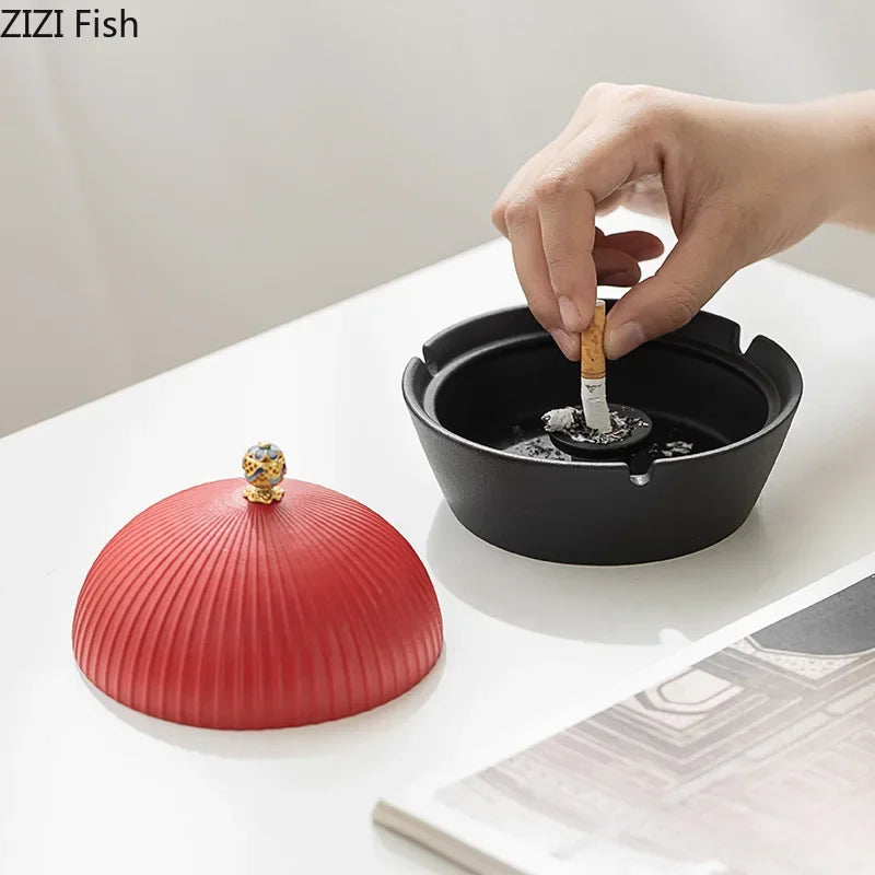 Afralia™ Official Ceramic Ashtray with Lid - Windproof Tabletop Smoking Accessories Gift