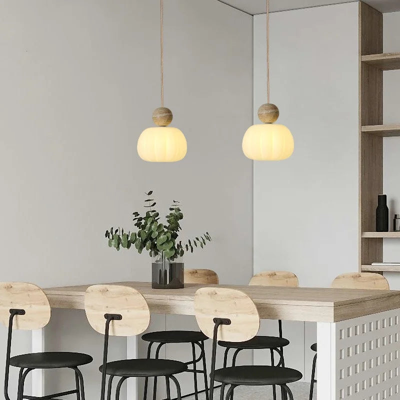 Afralia™ Wabi Sabi Yellow Travertine LED Pendant Lamp Wood Hanging Lights