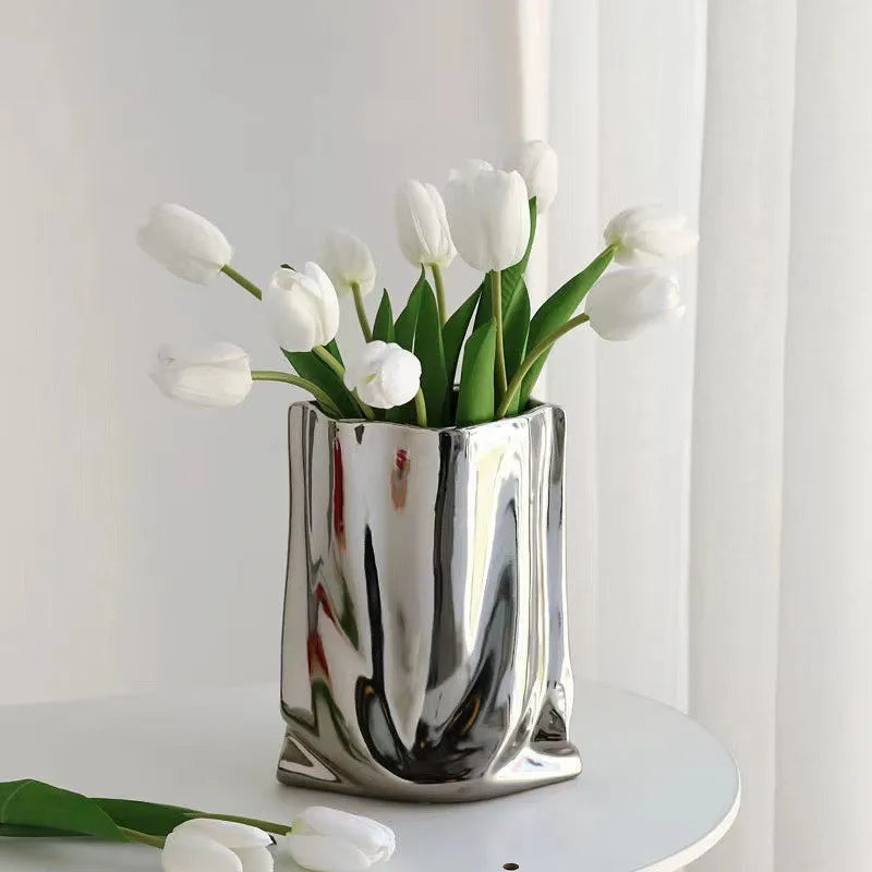 Afralia™ Silver Ruffled Flower Vase Porcelain Terrarium Home Decoration