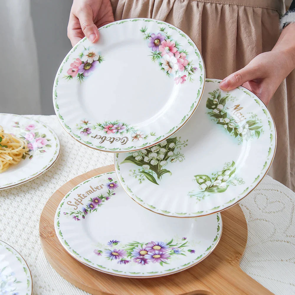 Afralia™ Vintage Flower Bone China Service Plate for Kitchen