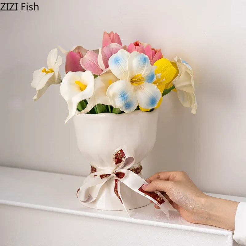 Afralia™ Lovely Ribbon Ceramic Vase Set for Cute Room Aesthetic Decor