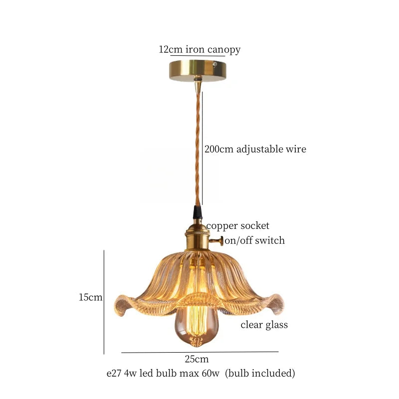 Afralia™ Red Glass LED Pendant Lamp American Style Vintage Copper Hanging Light