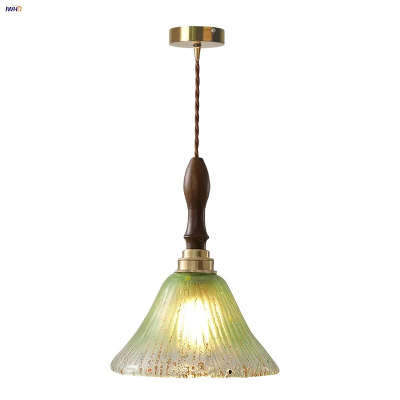 Afralia™ LED Wood Walnut & Green Glass Pendant Light - Nordic Modern Style