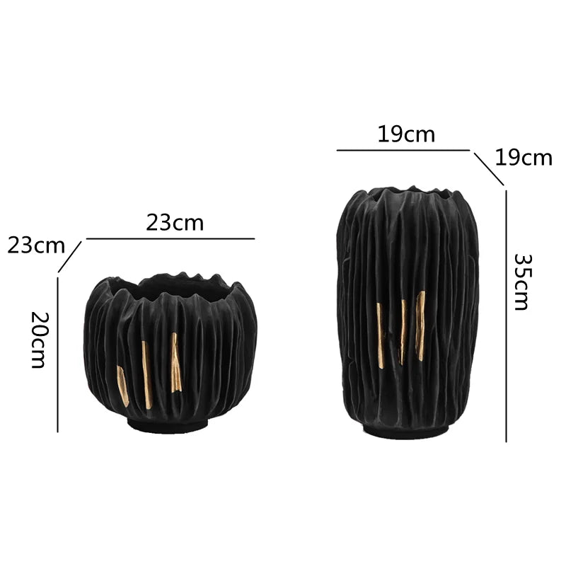 Afralia™ Black Gold Crease Texture Resin Vase - Abstract Home Decor Ornament