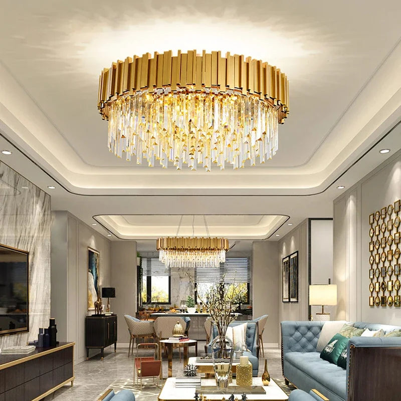 Afralia™ Golden Stainless Steel Crystal Chandelier: Modern Round LED Light for Dining Room